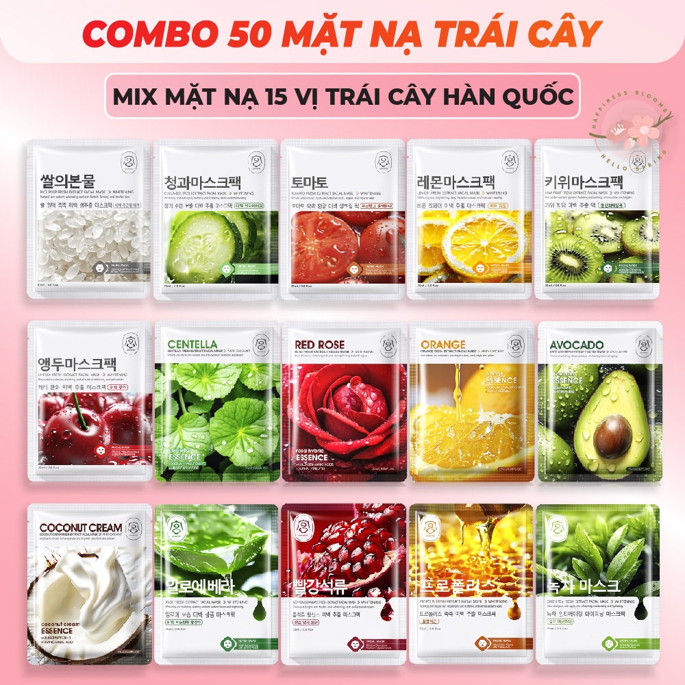 [COMBO 50] Mặt Nạ Trái Cây Dưỡng Da, Trắng Da, Cấp Ẩm Mask Giấy Bổ Sung Vitamin Tinh Chất Nội Địa Trung Mix Nhiều Mẫu