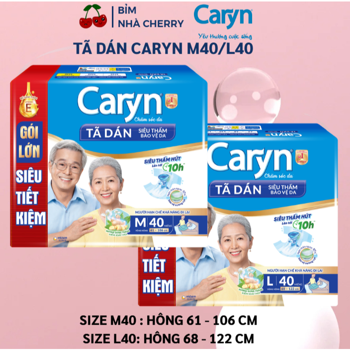 Tã Bỉm Dán Người Lớn Caryn Size M40, L40 Miếng Gói Siêu Tiết Kiệm siêu thấm cho người già Cherry