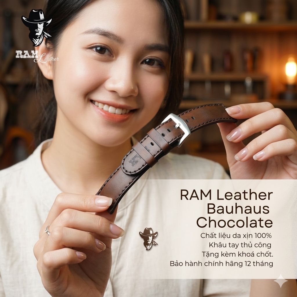 Dây Đồng Hồ RAM Leather Da Bò Veg Ý Nhuộm Nghệ Thuật Bauhaus 1970 Veg Socola 18mm, 20mm, 22mm, C