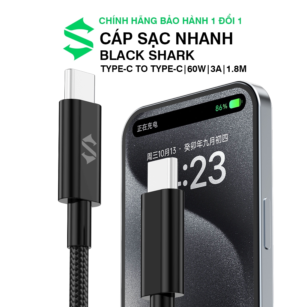 [Chính Hãng] [BH12T] Cáp Sạc Nhanh Type C to Type C Black Shark 60W 3A 1.8m, Dây Sạc Bện Dù Siêu Bền