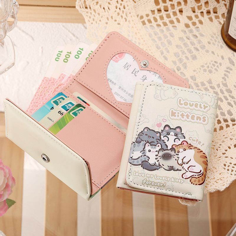 HT025 Ví Ngắn 3 Gấp Hình Mèo Cute Da Nhiều Ngăn Đựng Thẻ Ngân Hàng Ví Tiền Xu