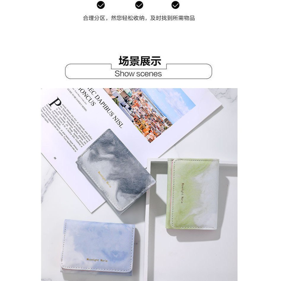 HT026 Ví Ngắn 3 Gấp Pastel Hàn Quốc Da PU Chống Thấm Nhiều Ngăn Đựng Tiền Thẻ