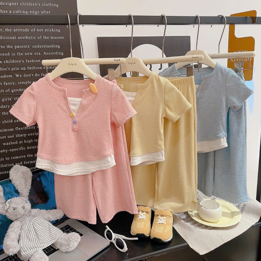 ( Sữa Kids Shop ) Bộ Sunny thun tăm áo cộc quần xuông dài cho bé