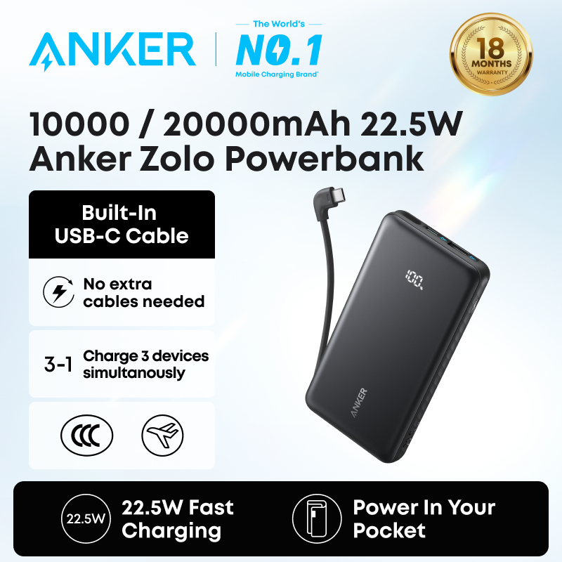 Anker Zolo Powerbank 20000Mah 22.5W Fast Charging Power Bank with Built-In Usb-C Cable A110D A110E