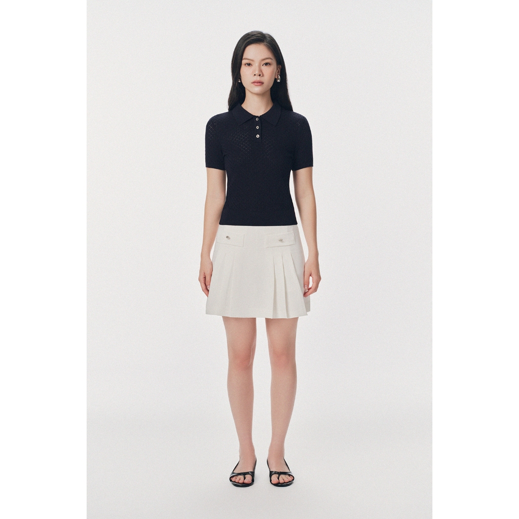 Áo polo len tay ngắn đính cúc bạc bề mặt dệt lỗ Mono Talk - MCS26Y-T30001FB