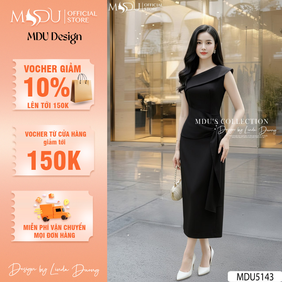 Váy dự tiệc vải Mango đen dáng ôm cổ lệch sang trọng MDU5143 | MDU Design