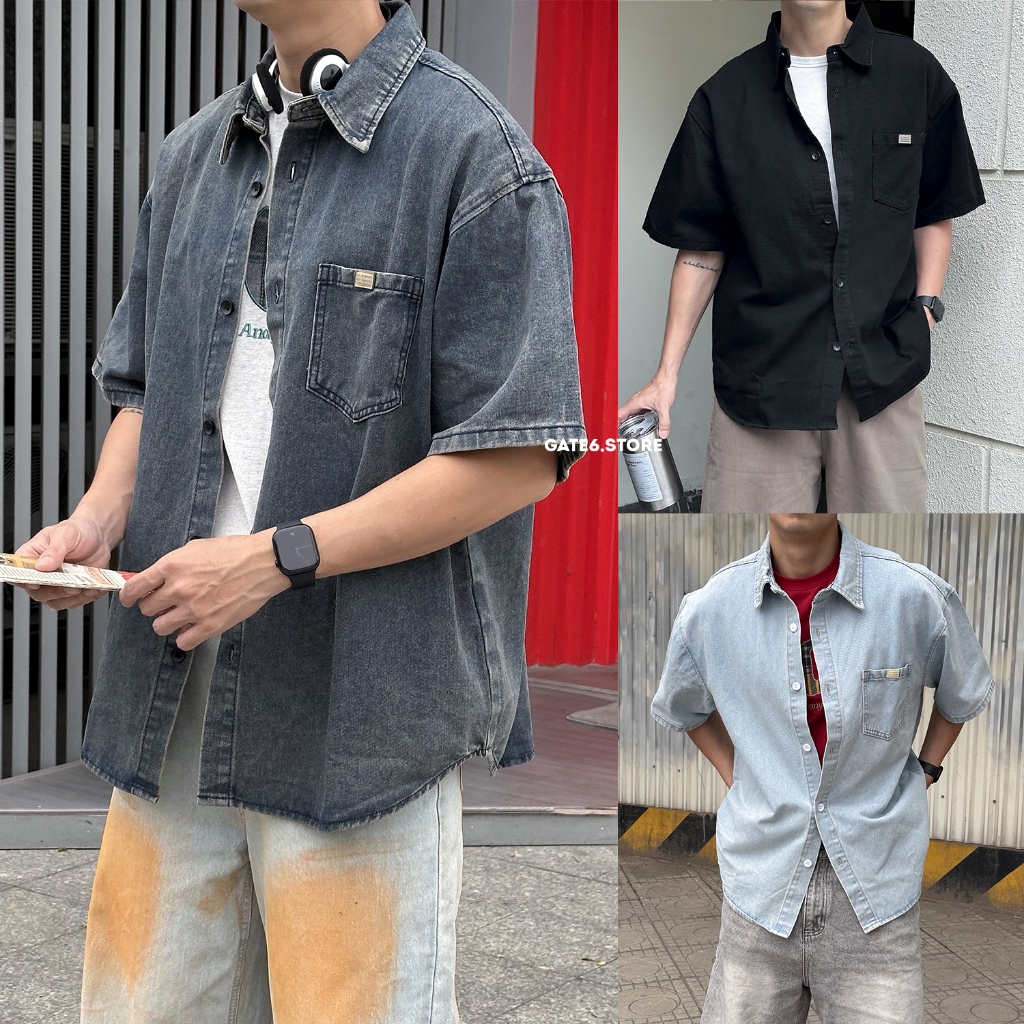 Áo Sơmi Denim HL cộc, khoác bò ngắn tay suông wash 7186 - GATE6 - 5555