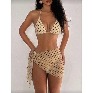 ✨Luminous - Bikini 3 mảnh cột dây kèm khăn hoạ tiết chấm bi đi biển, đi bơi lên hình cực xinh✨