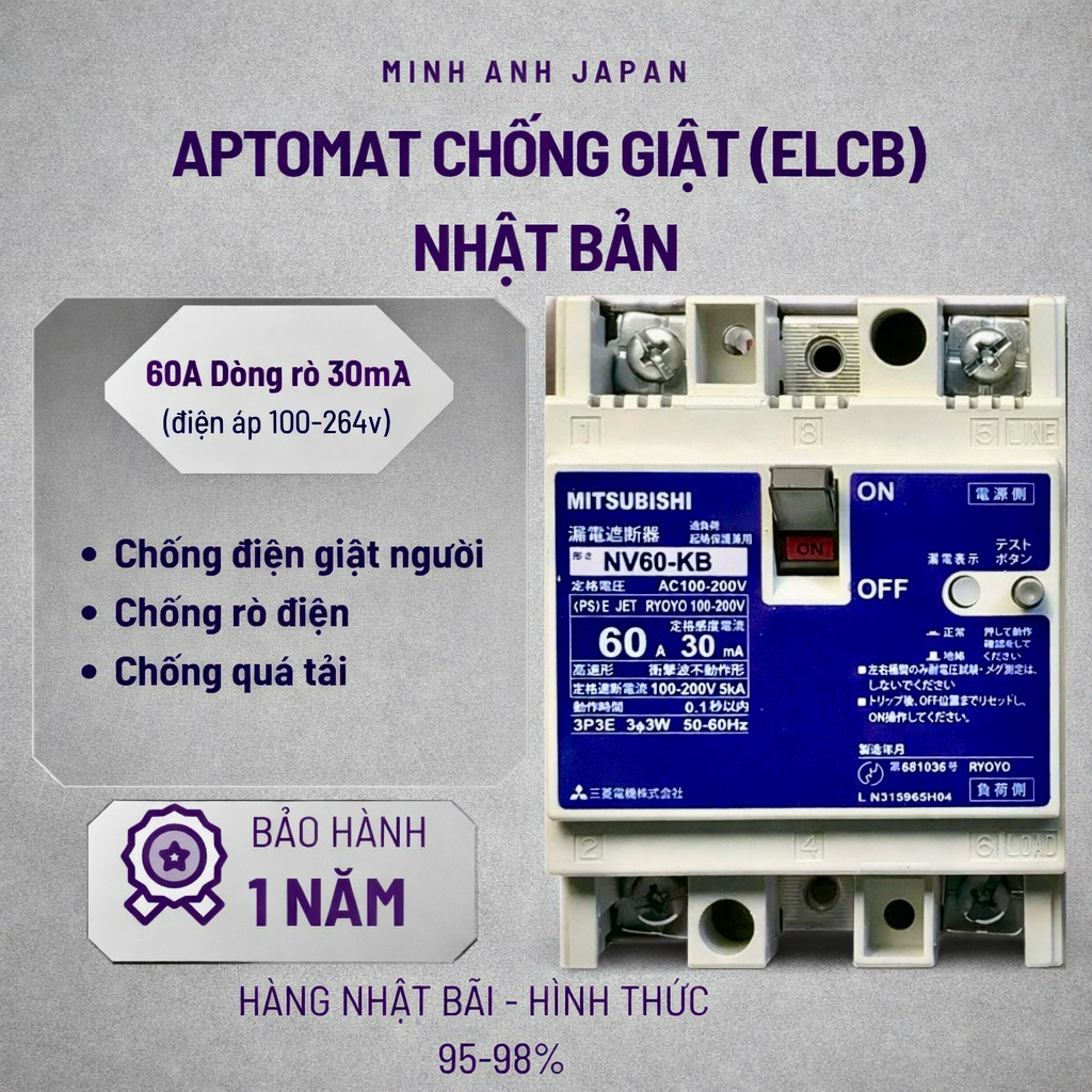 Aptomat chống giật 60A Nhật Bản mới 99% 220V