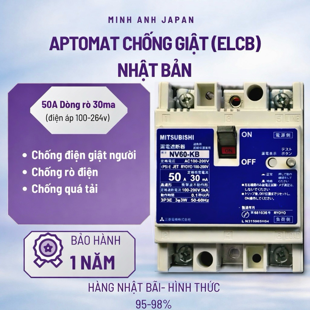 Aptomat chống giật 50A Mitsubishi Nhật Bản mới 99% 220V