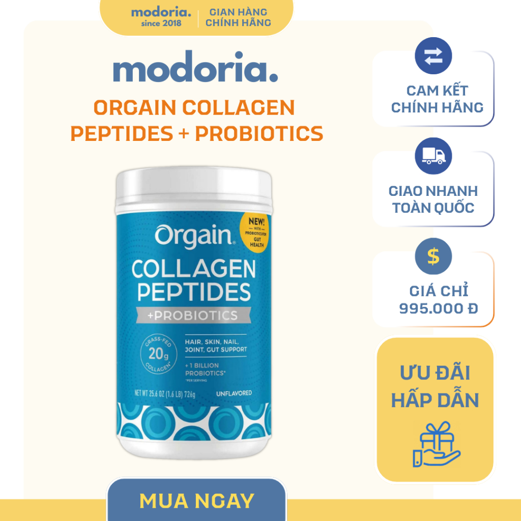 [modoria.] Bột Collagen Orgain Collagen Peptides +Probiotics 726g (Không mùi vị)