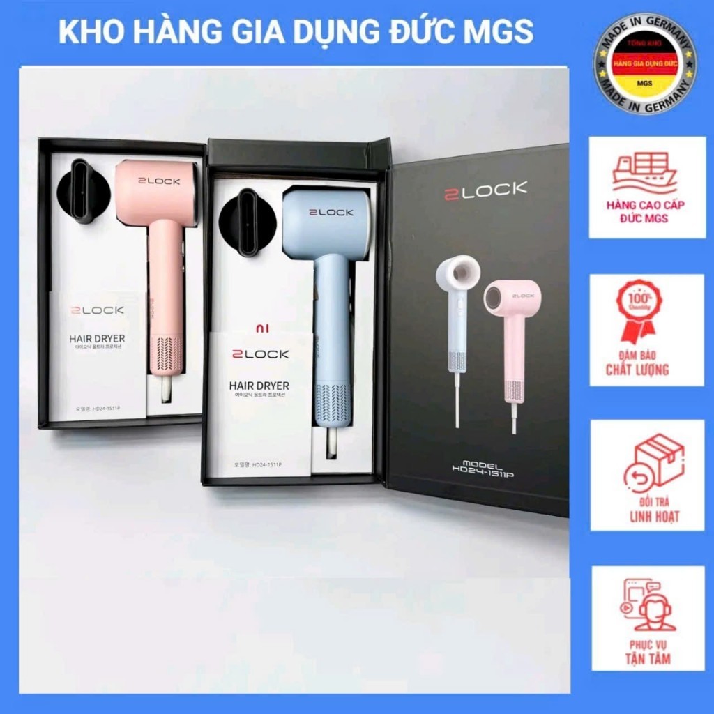 Máy Sấy Tóc 2LOCK KOREA HD24-1511P 1800W Động Cơ Không Chổi Than, Chạy Êm, Sấy Nhanh