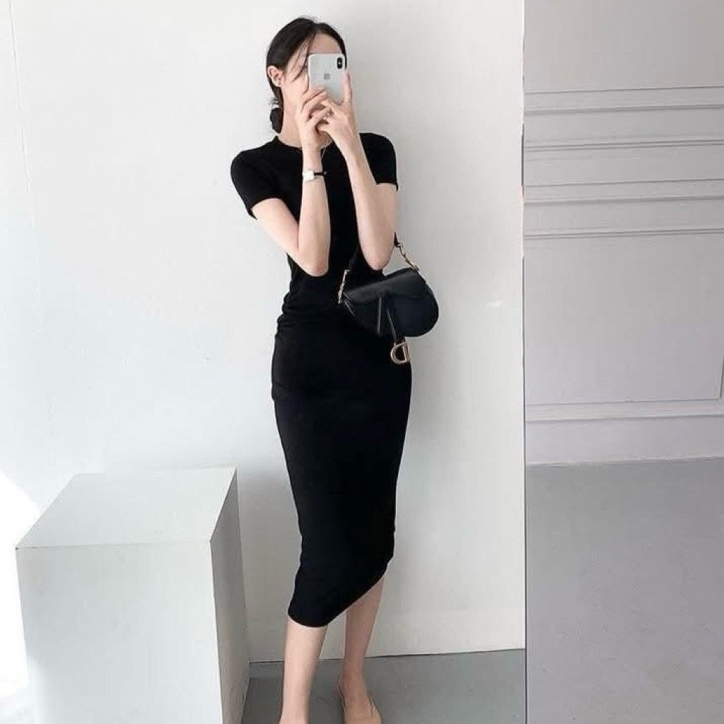 Đầm body thun 4 chiều tôn dáng tay ngắn nhún eo chất thun mịn co giãn mạnh | BigBuy360 - bigbuy360.vn