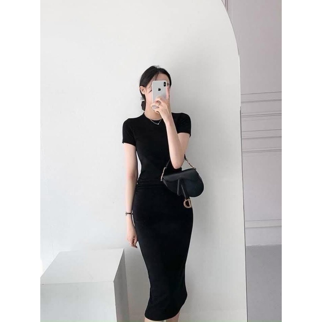 Đầm body thun 4 chiều tôn dáng tay ngắn nhún eo chất thun mịn co giãn mạnh | BigBuy360 - bigbuy360.vn