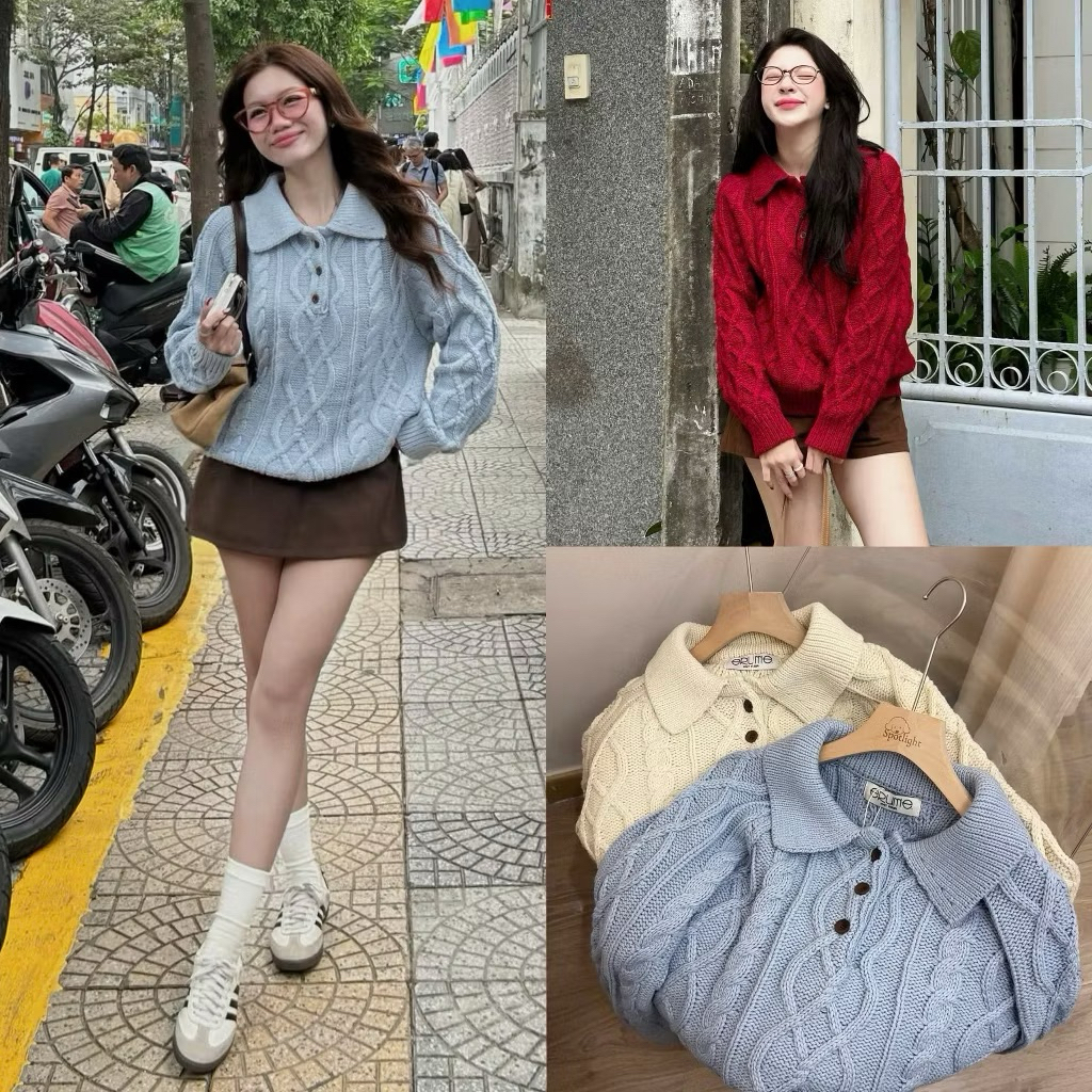 Áo len vặn thừng cổ bẻ cúc đen ERUME chuẩn tag