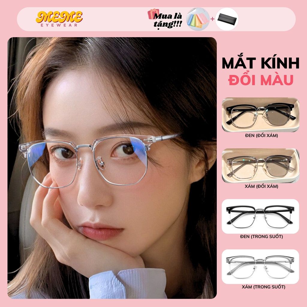 Mắt kính nữ đổi màu cận chống uv ánh sáng xanh gọng kính tròn vuông nửa viền kim loại cao cấp kính mắt nam MEME Y12