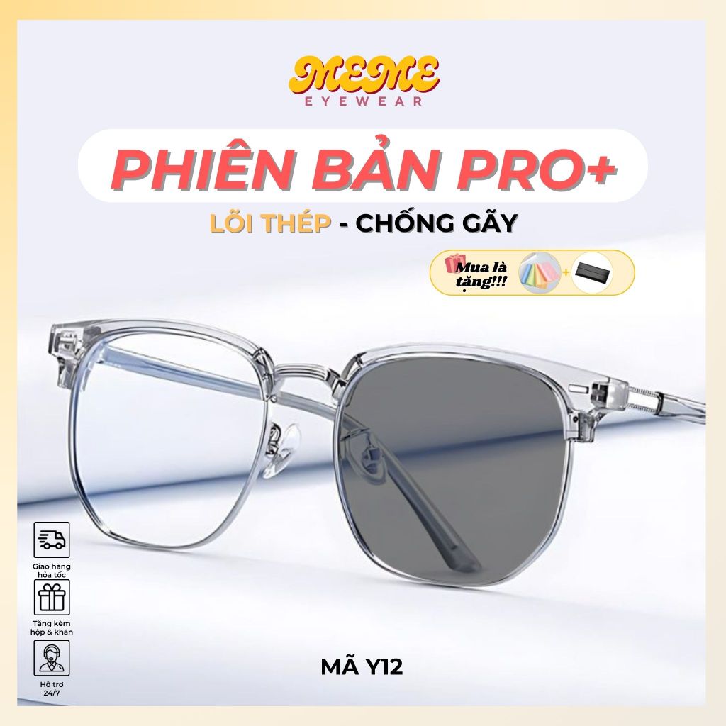 Mắt kính nam nữ đổi màu cận chống uv ánh sáng xanh gọng kính tròn vuông nửa viền cao cấp kim loại nhựa kính mắt MEME Y12