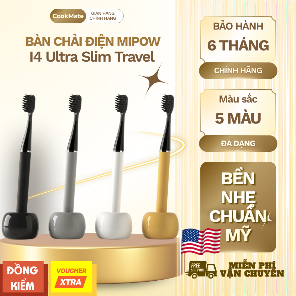 Bàn chải điện MIPOW i4 Ultra Slim CI900S-J-VER2 Kèm Đế Gốm 50g (5 màu sắc đa dang, cá tính)