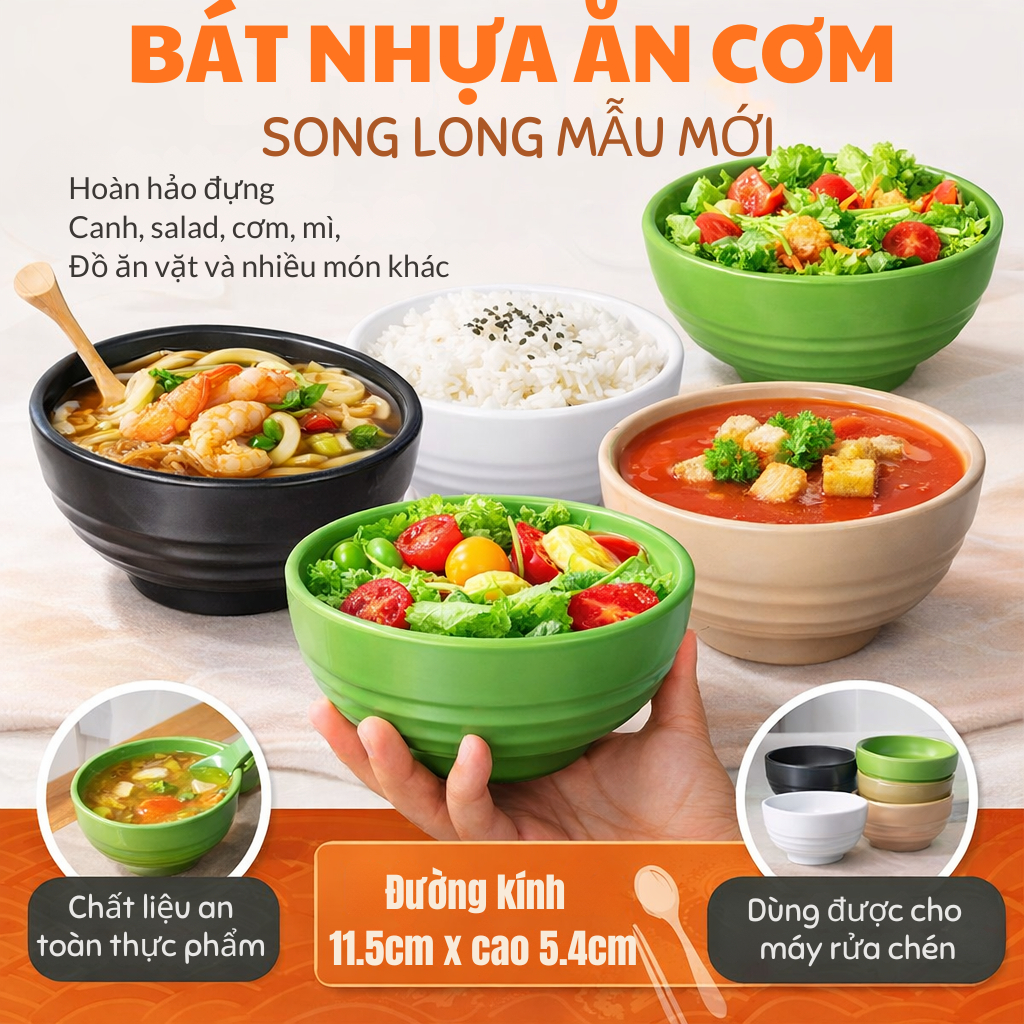 Combo 5/10 bát nhựa ăn cơm Song Long mẫu mới, chén nhựa ăn cơm dày dặn, bát ăn cơm gia đình quán ăn