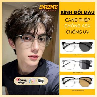 Mắt kính nam đổi màu chống ánh sáng xanh uv gọng kính vuông nửa viền kim loại cao cấp thời trang Hàn Quốc kính mắt Y19
