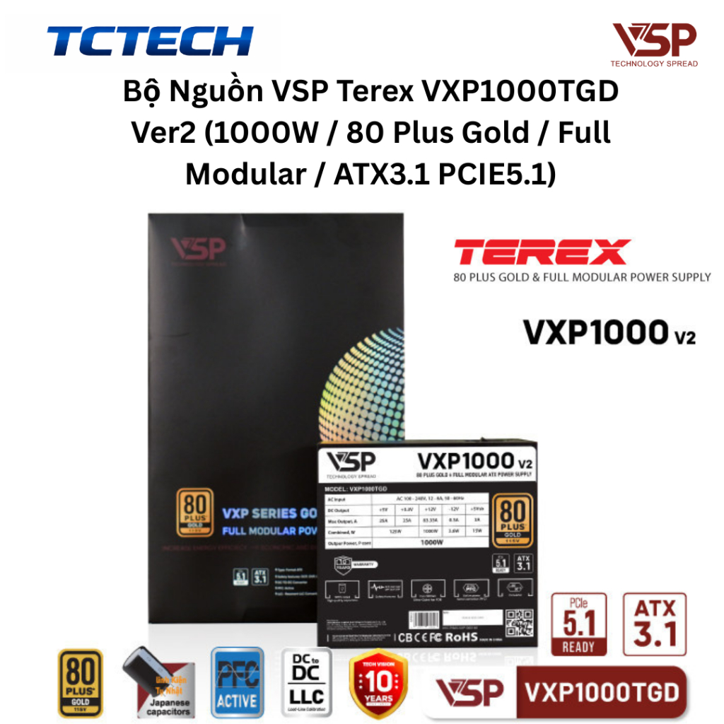 Bộ Nguồn VSP Terex VXP(850W/1000TGD Ver2 (850W-1000W / 80 Plus Gold / Full Modular / ATX3.1 PCIE5.1)
