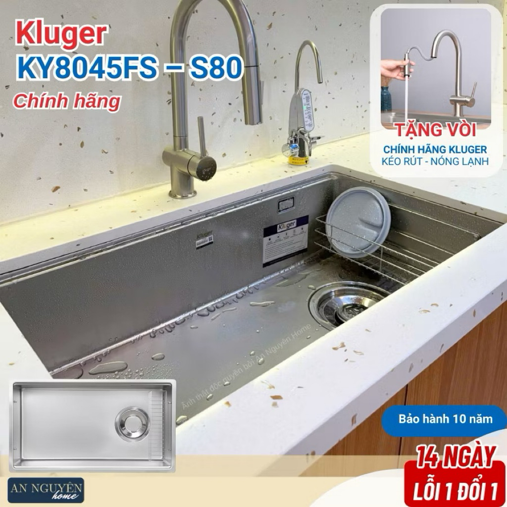 Chậu rửa bát 1 hố Kluger KY8045fs và KY8045SL bản bề mặt sần và mịn tặng vòi