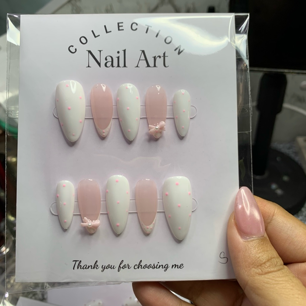 Chấm Bi Hồng - NailBox Huỳnh Thơ Nail Chấm Bi Fen Đính Nơ tặng keo và dũa