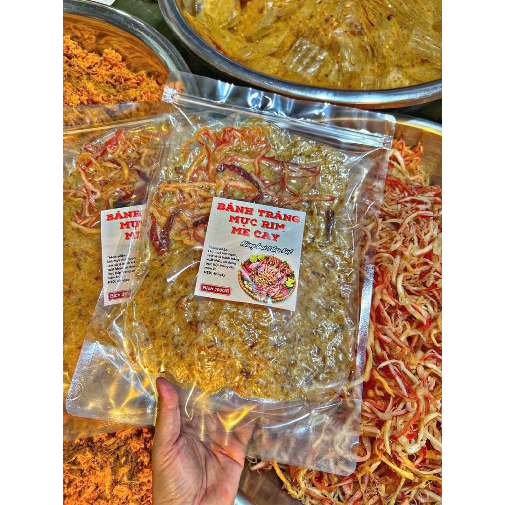 BÁNH TRÁNG MỰC RIM ME Bịch 300gr full topping 50gr mực rim me cay