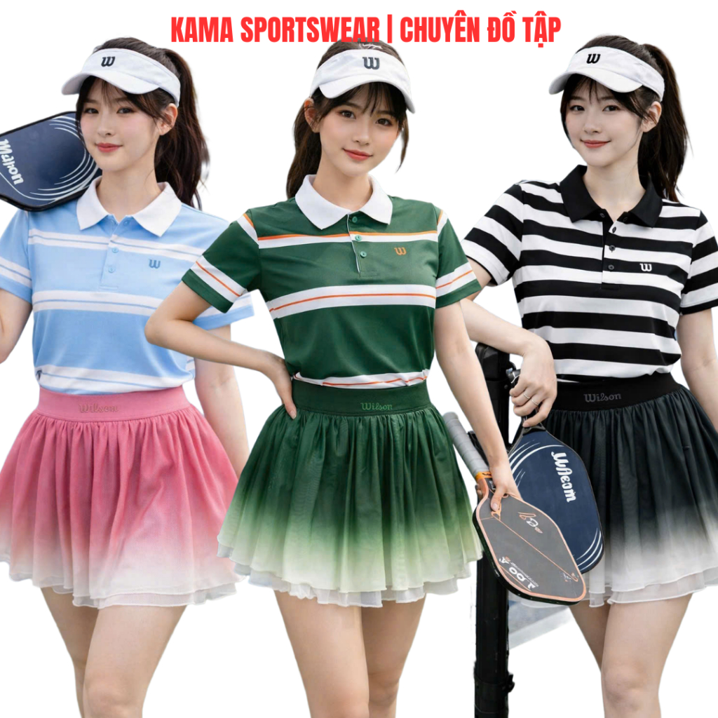 Bộ thể thao nữ Kama sport BP181, Áo ngắn tay chất thun mềm mix chân váy WS tập pickleball, teniss