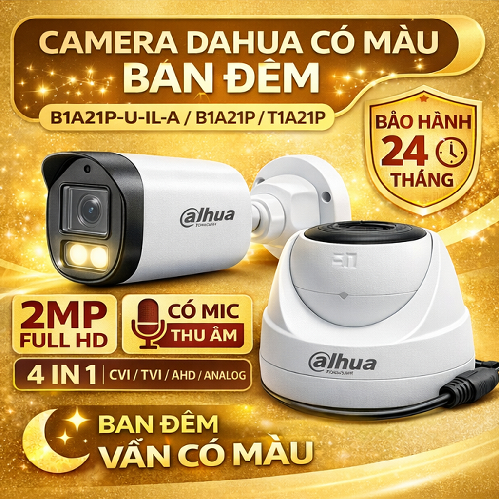Camera dahua có màu B1A21P-U-IL-A . B1A21P / T1A21P Chuẩn 4 in 1 (AHD/CVI/TIV/ANALOG) 2MP ,bảo hành 