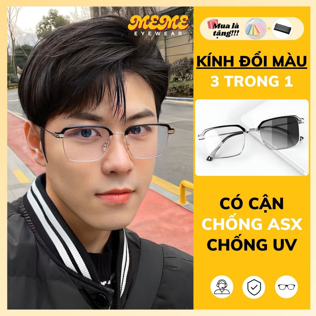 Mắt kính nam nữ đổi màu dưới nắng chống tia UV ánh sáng xanh gọng titan thời trang giả cận cao cấp Mắt Kính MEME Y10