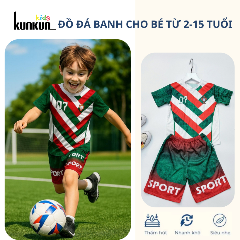 Đồ bộ thể thao bé trai in 3D Cầu Thủ số 07 Ronaldo sọc đỏ xanh trắng - Đá banh TP1295 - Kunkun Kids