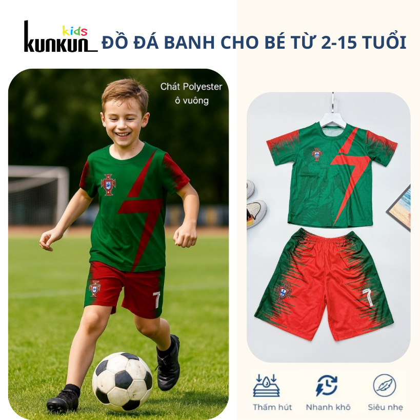 Đồ bộ thể thao bé trai in 3D Cầu Thủ số 07 Ronaldo màu đỏ xanh lá - Đá banh TP1294 - Kunkun Kids