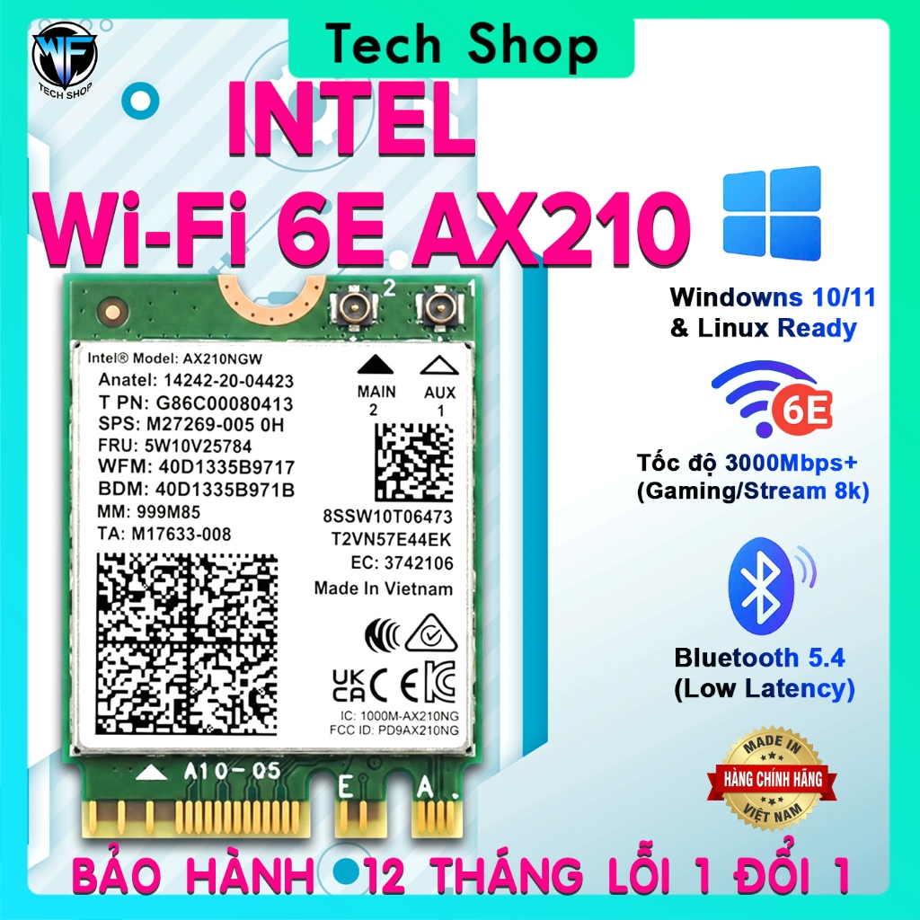 [ BH 12th ] Card WiFi 6E Intel AX210 Tri-Band (2.4/5/6GHz)-Bluetooth 5.4 Chính Hãng