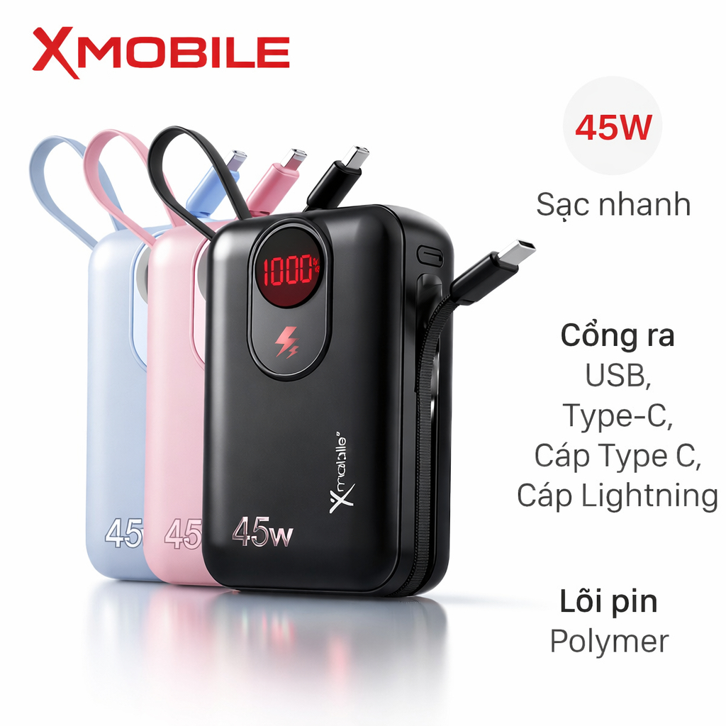 Pin sạc dự phòng Polymer 20000mAh Type C PD QC 3.0 45W Xmobile MH803 kèm Cáp Lig ht ning và Type C