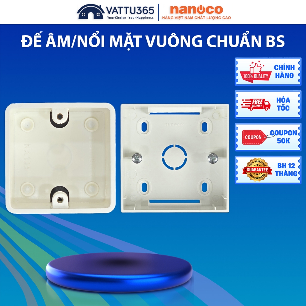 Hộp/Đế Âm/Nổi Vuông Dùng Cho Mặt Vuông Chuẩn BS, 80x80mm, PVC Chống Cháy, Chính Hãng Nanoco