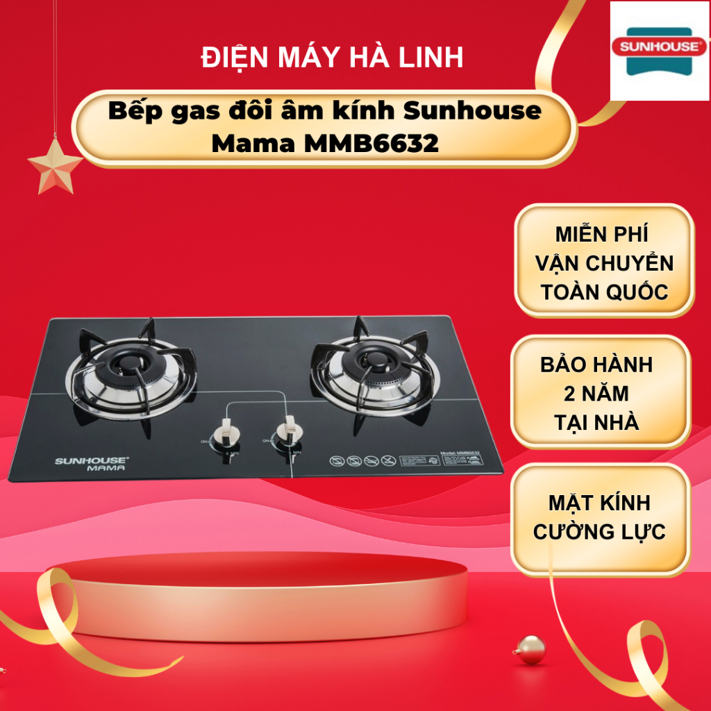 Bếp ga đôi âm kính Sunhouse Mama MMB6632, Mặt kính cường lực, Pep đồng thau, BH 2 năm