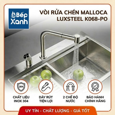 [FREESHIP HCM] Vòi rửa chén Malloca LuxSteel K068-PO - có dây rút, 2 nguồn nóng lạnh