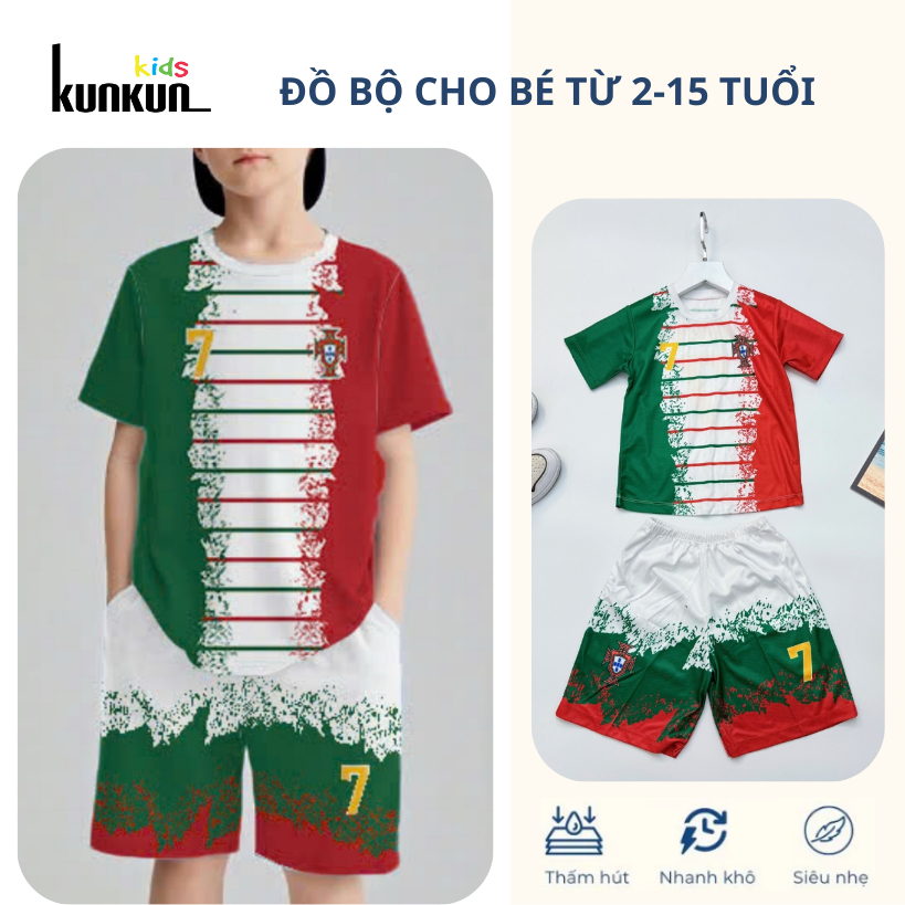 Đồ bộ thể thao bé trai in 3D Cầu Thủ số 07 Ronaldo màu xanh lá đỏ - Đá banh TP1293 - Kunkun Kids