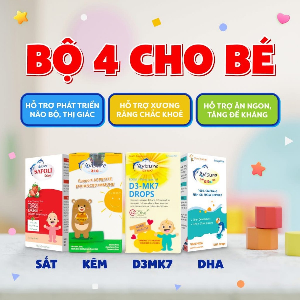 Combo Avisure Drop Cho Bé DHA - Sắt - D3MK7 Tinh Khiết Cho Bé - Hỗ Trợ Bé Phát Triển, Tăng Đề Kháng
