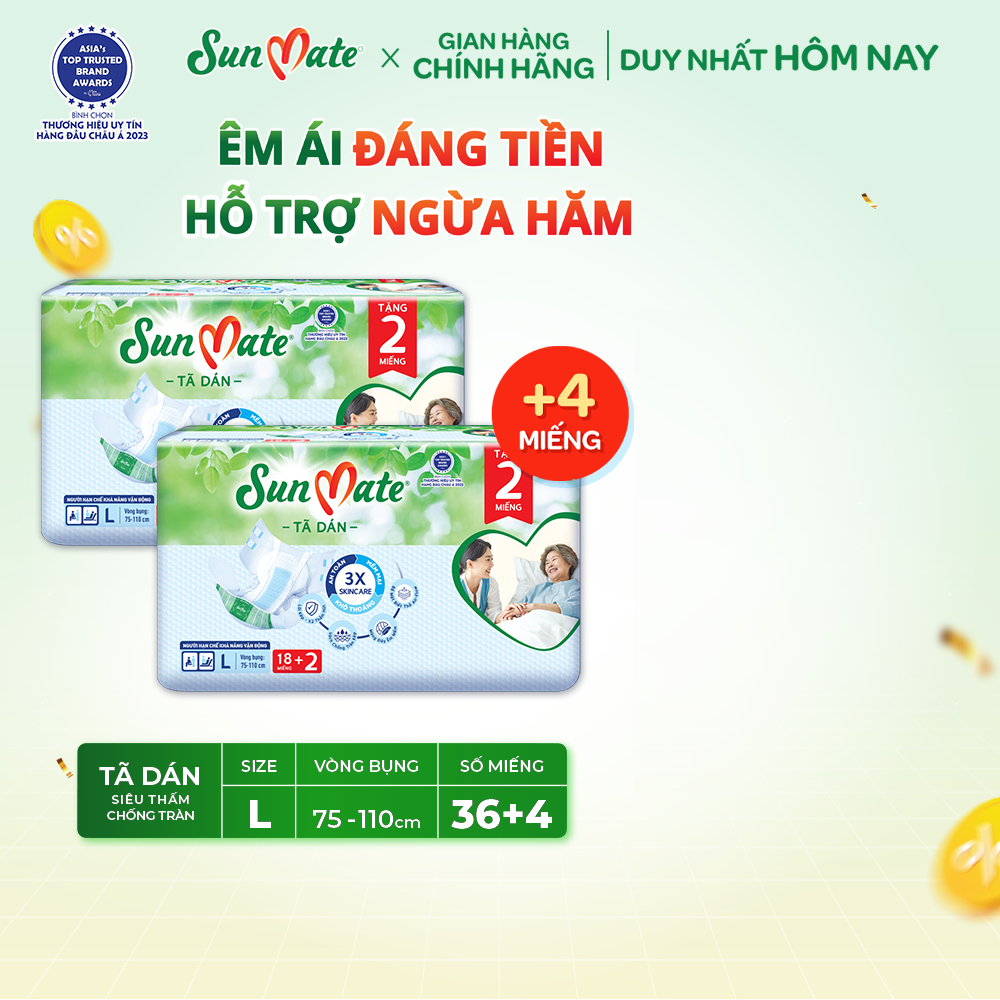 Combo 2 tã dán người lớn Sunmate mới M18/L18/XL18 + 2 miếng
