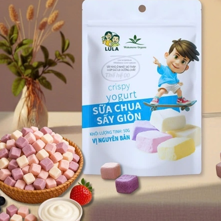 Sữa Chua Sấy Giòn Wakamono Organic 50g/gói, công nghệ sấy lạnh thăng hoa