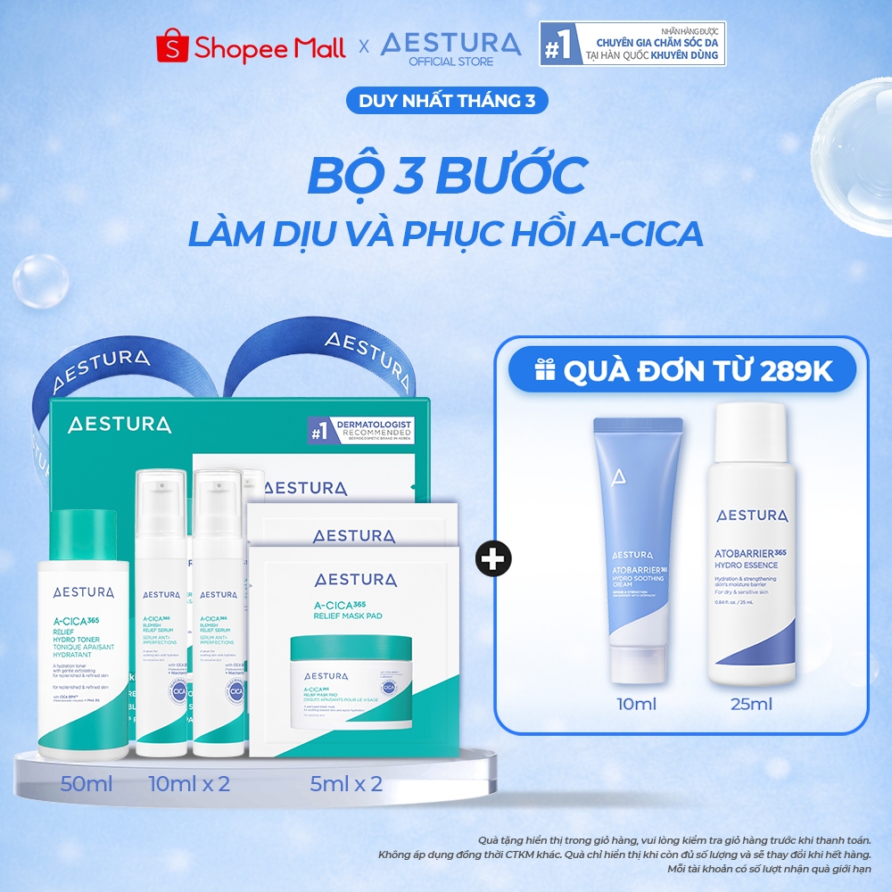 Bộ Sản phẩm 3 bước làm dịu & phục hồi da AESTURA 3-STEP RELIEF FOR SENSITIVE SKIN (Toner 50ml x Seru