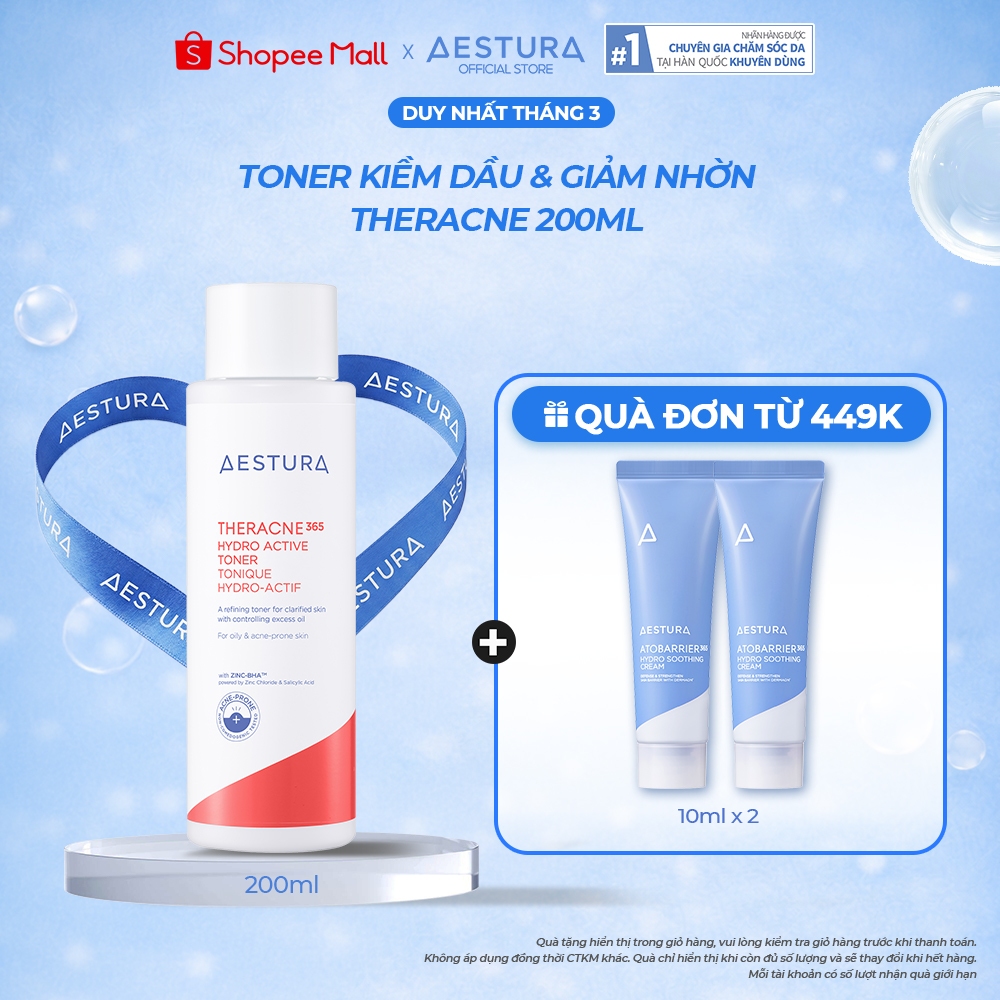 Toner cấp ẩm và kiểm soát bã nhờn dành cho da dầu mụn AESTURA THERACNE365 Hydro Active Toner 200ml
