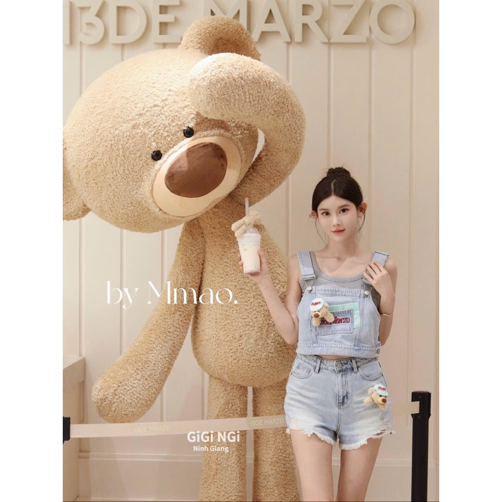 Set áo yếm quần sooc jeans rách 13DMZ đính gấu bông