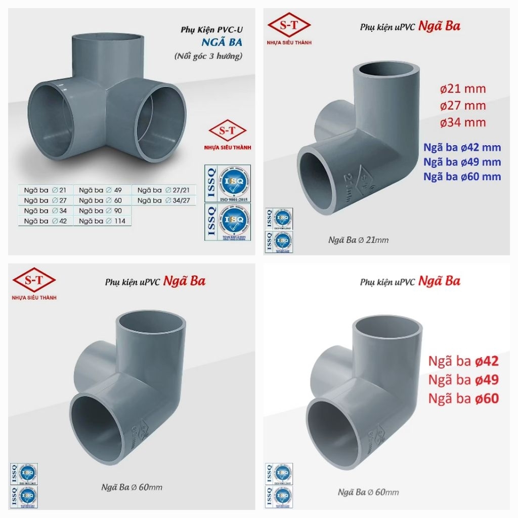 Co 3 góc, Co góc, Ngã Ba Phi 42, 49, 60 Ống Nhựa PVC Siêu Thành (ST)