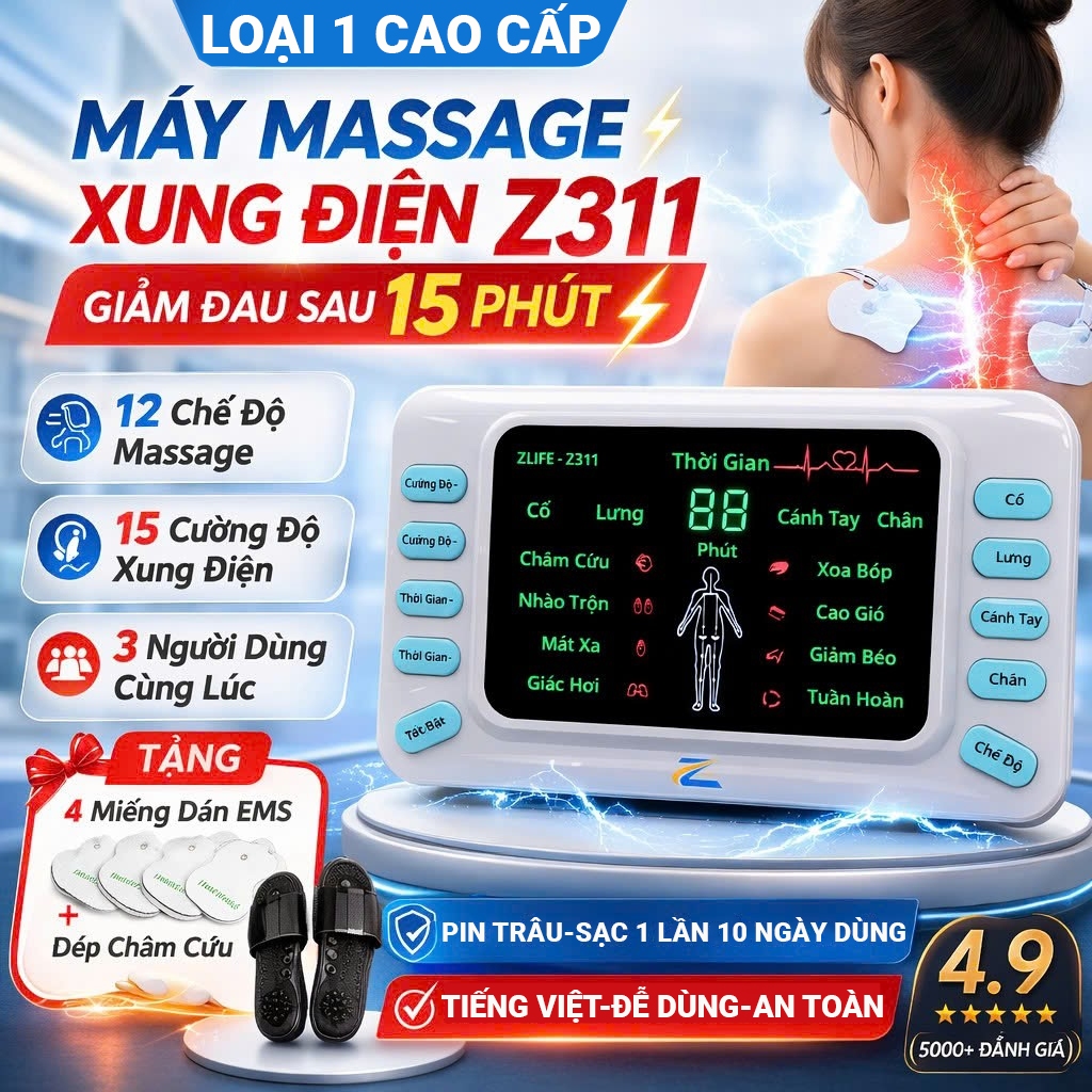 Máy massage xung điện Zlife Z311, Máy xung điện châm cứu giảm đau 8 chế độ massage, 15 cường độ