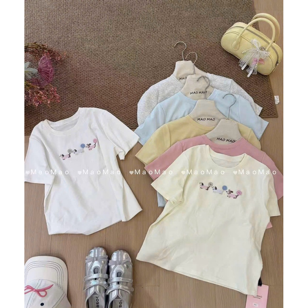 9590 9530 Áo thun mịn QC Cổ Tròn Cộc Tay Hình 3 Chú Cún Đính Khuy Nổi MaomAo