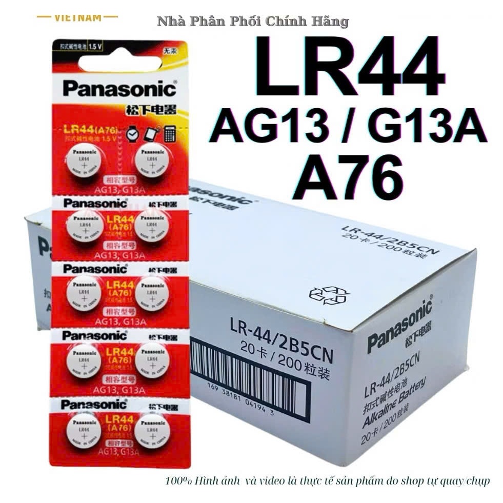 Pin LR44 / AG13 / A76 Panasonic 1.5V Alkaline G13A / SR44 / LR1154 Chính hãng vỉ 10 viên pin cúc áo.