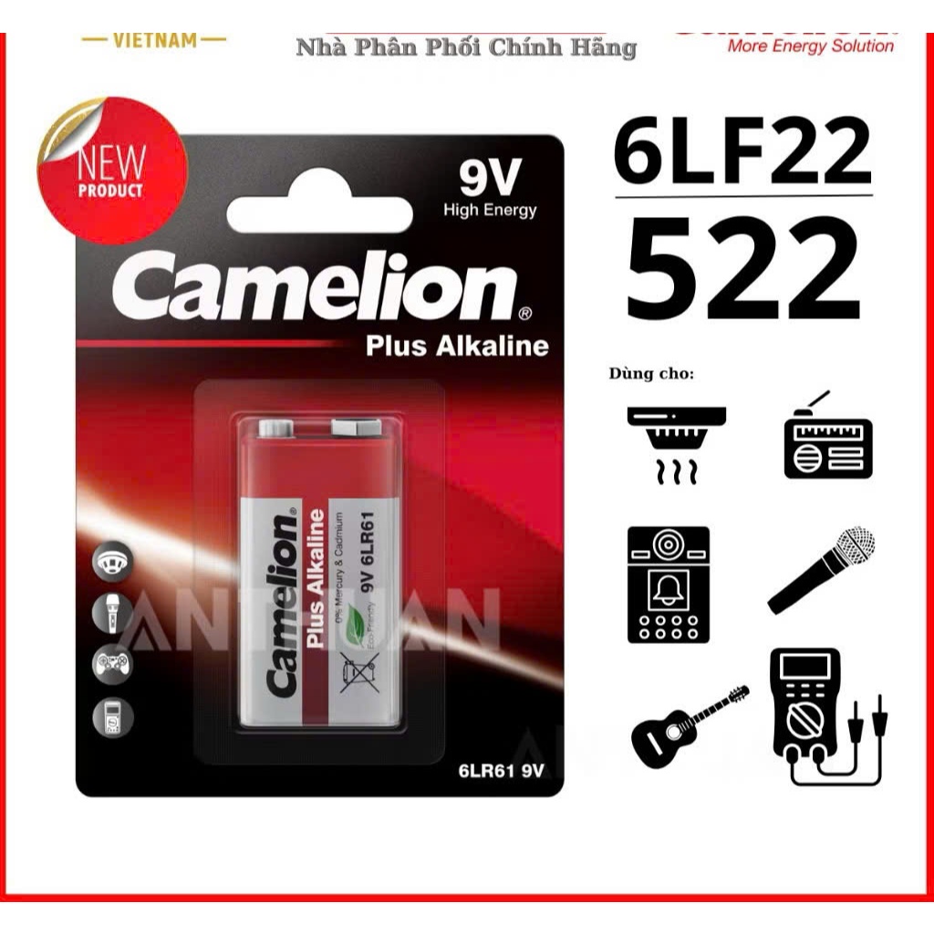 Pin vuông 9V Camelion 6LR61 Alkaline – Dùng cho Micro,Đầu báo khói,Thiết bị điện Tử, đàn guitar